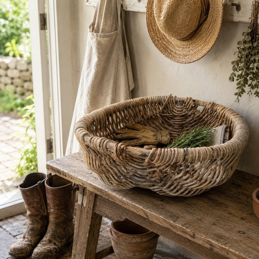 Primitive Rustic Willow Gathering Basket English Cottage Mudroom Decor